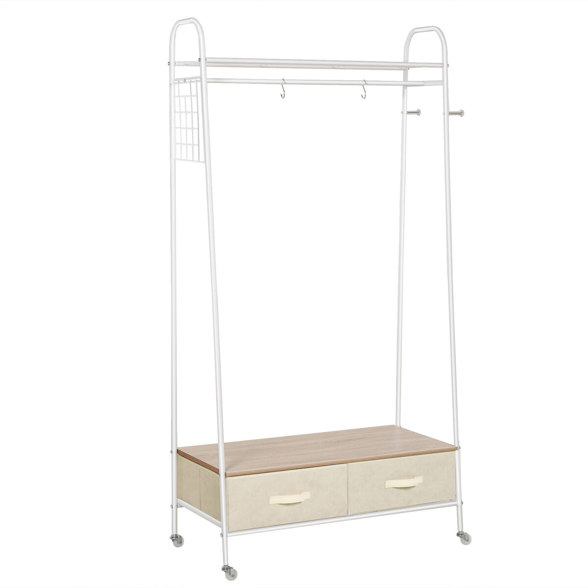 Homcom suporte para cabides de metálico cabideiro com rodas prateleira e 2 gavetas para organizar roupas bolsos sapatos 99x47x185cm branco