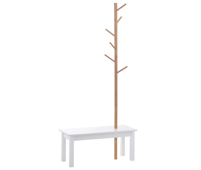 Homcom cabide de pé com banco pendurador tipo árvore moderno 6 ganchos para pendurar roupa malas corredor entrada bambu e mdf 80x30x180cm