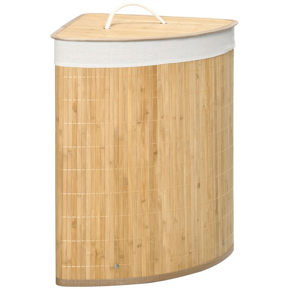 Homcom cesto de roupa de bambu capacidade de 55l cesto para roupa suja em forma de leque com tampa e bolsa amovível 38x38x57cm madeira