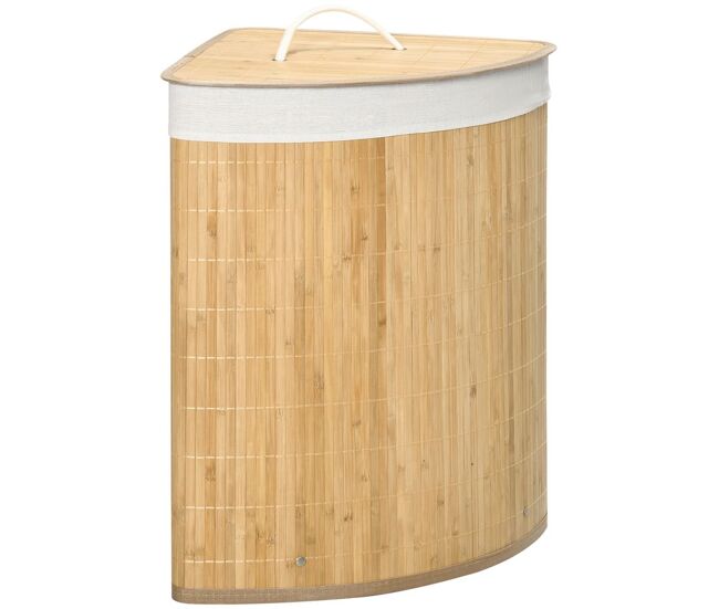 Homcom cesto de roupa de bambu capacidade de 55l cesto para roupa suja em forma de leque com tampa e bolsa amovível 38x38x57cm madeira