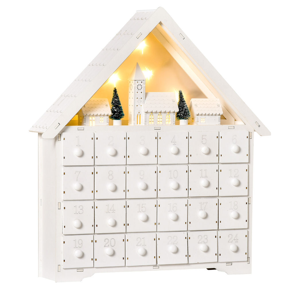 Homcom calendário de advento de natal madeira com 24 gavetas e luzes led decoração de natal modelo casinha 39x9x42cm branco