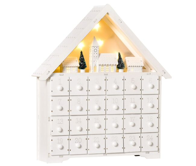 Homcom calendário de advento de natal madeira com 24 gavetas e luzes led decoração de natal modelo casinha 39x9x42cm branco