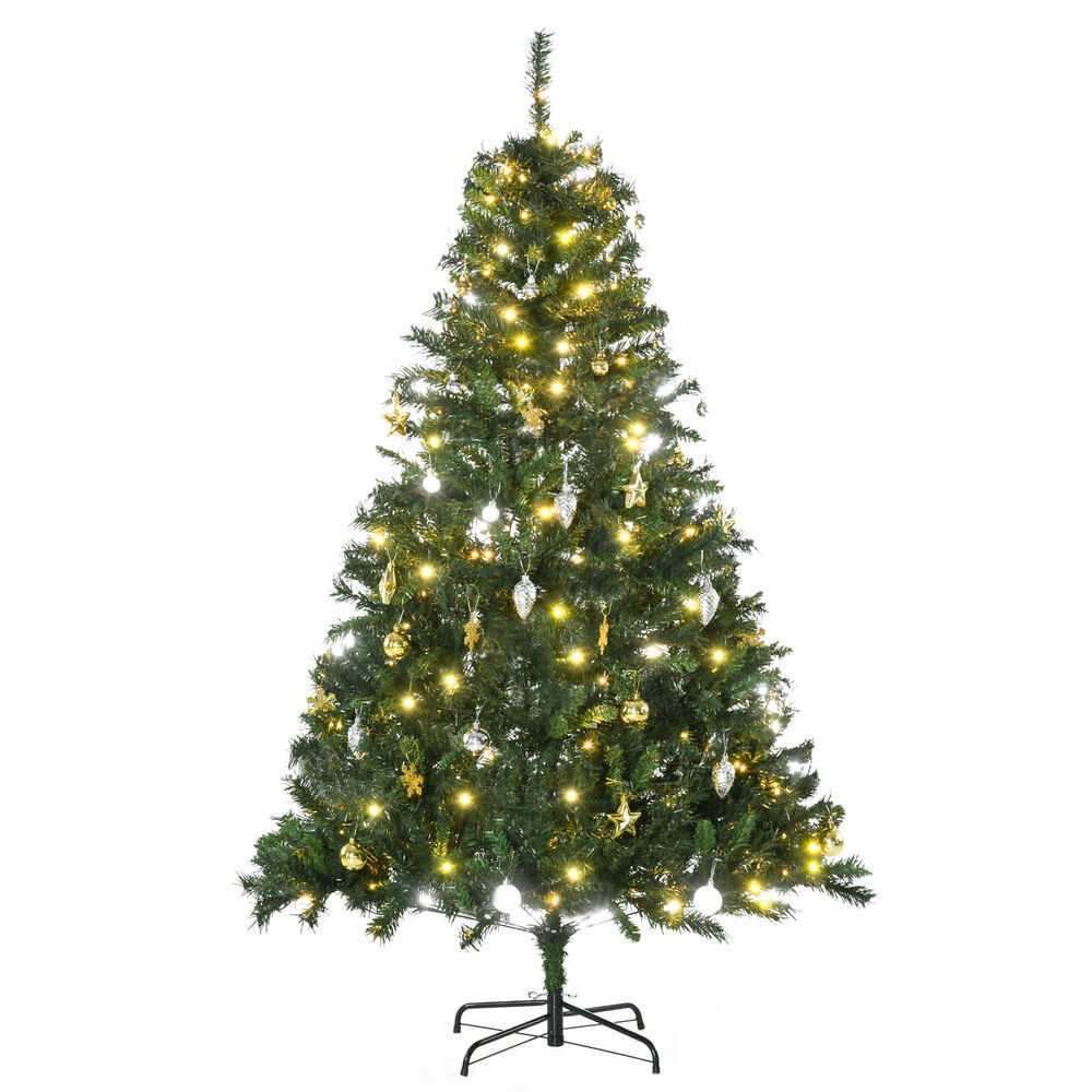 Homcom árvore de natal artificial 180cm árvore de natal com 745 ramos 200 luzes led com cor blanc quente suporte e decorações incluídas ø112x180cm verde