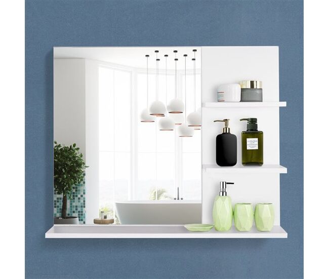 Kleankin espelho para casa de banho espelho casa de banho para pendurar na parede com 3 prateleiras 60x10x47cm branco
