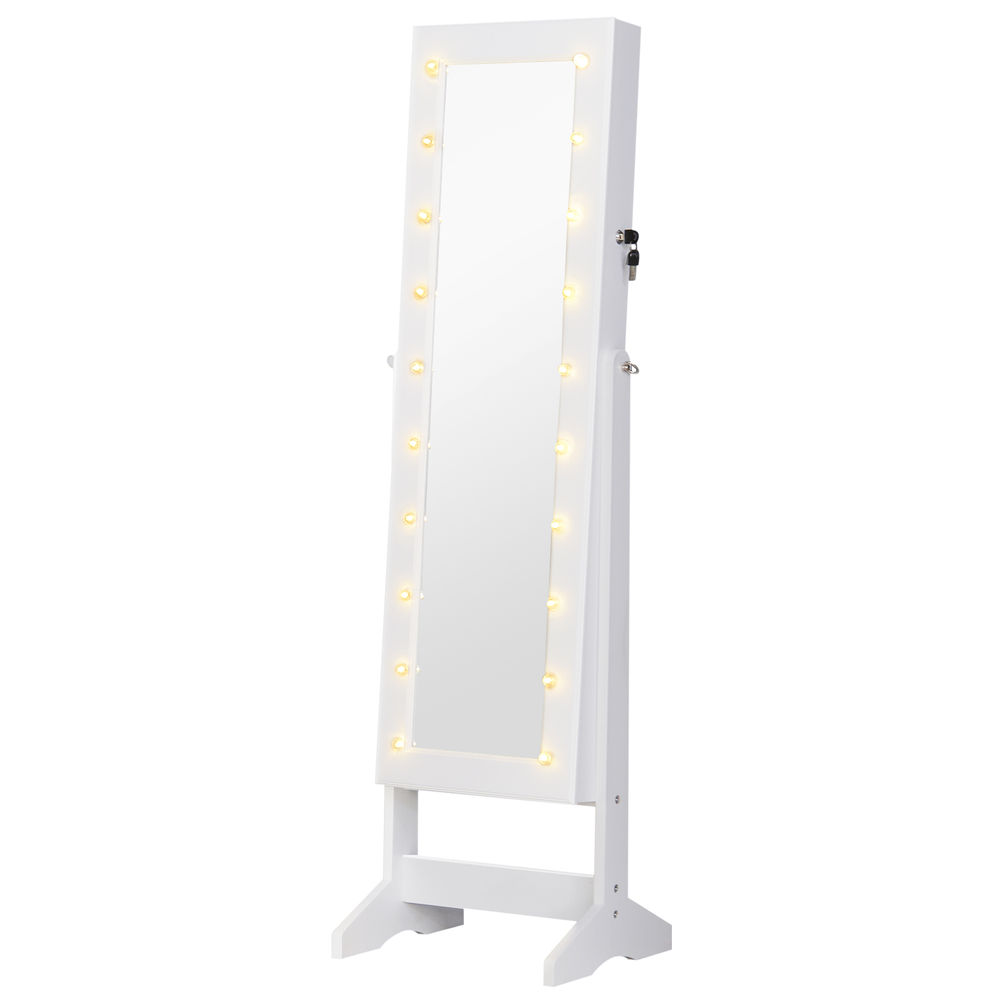 Homcom armário para joias 20 luzes de led reclinável fechadura madeira 40x37x146cm branco