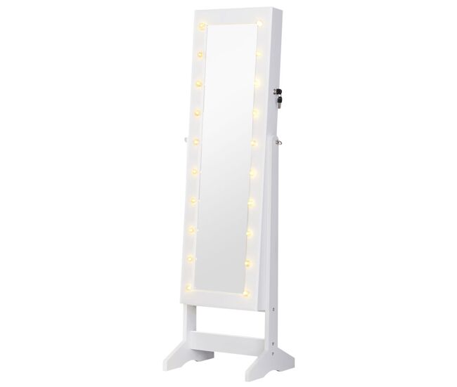 Homcom armário para joias 20 luzes de led reclinável fechadura madeira 40x37x146cm branco