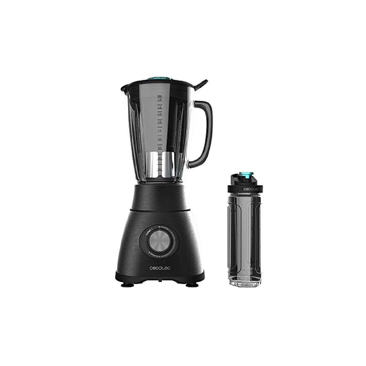 Cecotec Liquidificador americano de copo de 2500 W com lâmina de 6 folhas com revestimento de titânio preto, jarro termorresistente de 1,8 l e garrafa portátil.