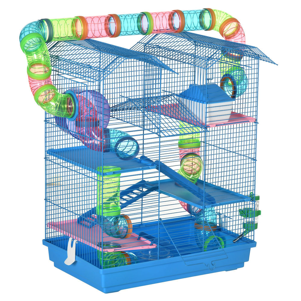 Pawhut gaiola de hamster habitat de pequenos animais com várias plataformas, sistema de tubos 47x30x59 cm azul