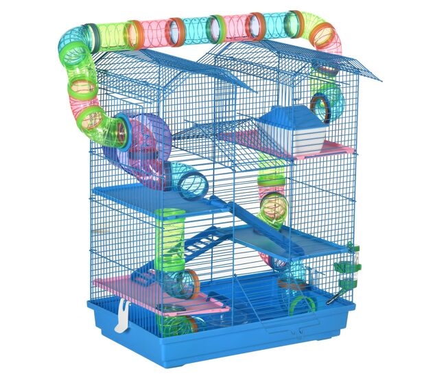 Pawhut gaiola de hamster habitat de pequenos animais com várias plataformas, sistema de tubos 47x30x59 cm azul