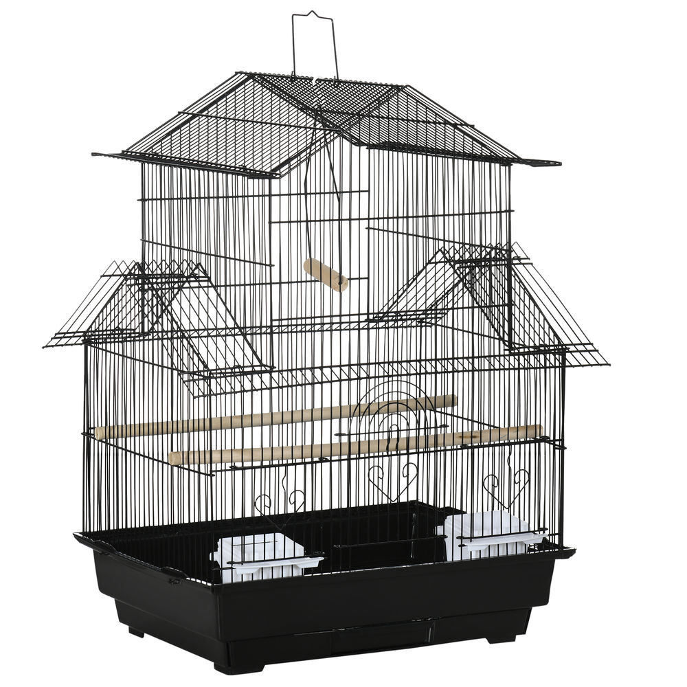 Pawhut gaiola para pássaros de metal com bandeja amovível 2 comedouros e poleiros 50,5x41x63cm preto