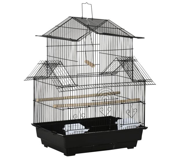 Pawhut gaiola para pássaros de metal com bandeja amovível 2 comedouros e poleiros 50,5x41x63cm preto