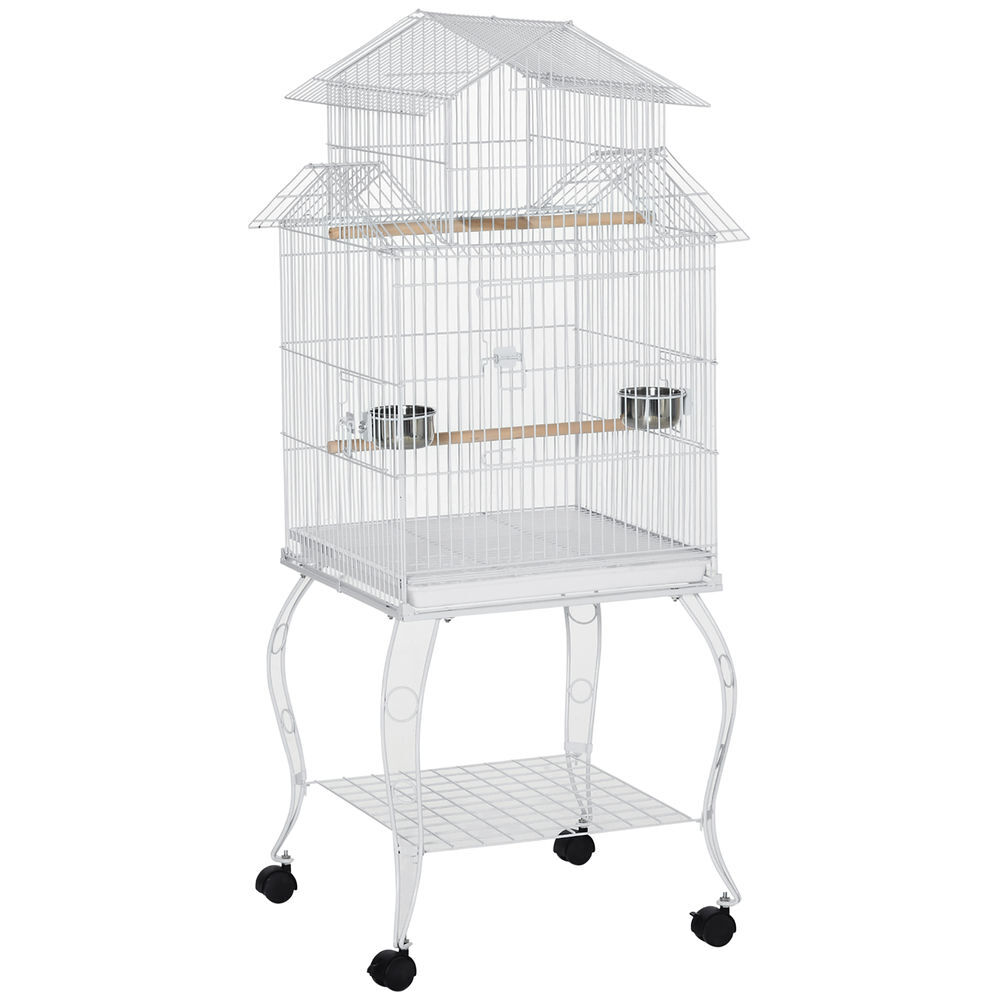 Pawhut gaiola para pássaros com rodas gaiola grande com suporte 50x49x137cm com bandeja amovível portas comedouro poleiro e prateleira inferior branco