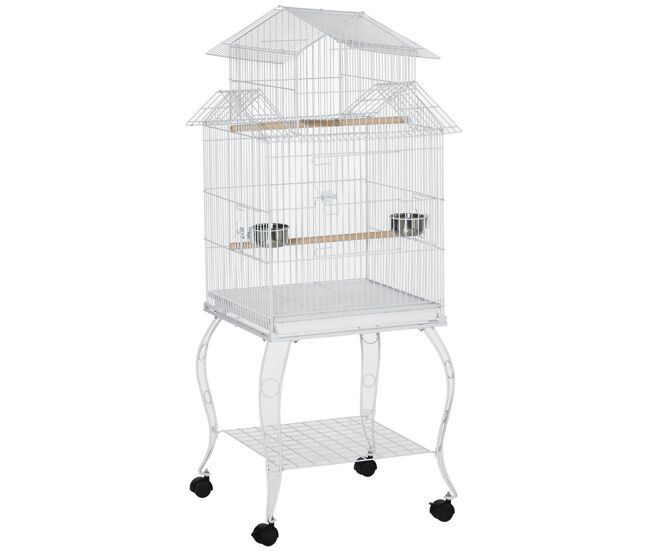 Pawhut gaiola para pássaros com rodas gaiola grande com suporte 50x49x137cm com bandeja amovível portas comedouro poleiro e prateleira inferior branco