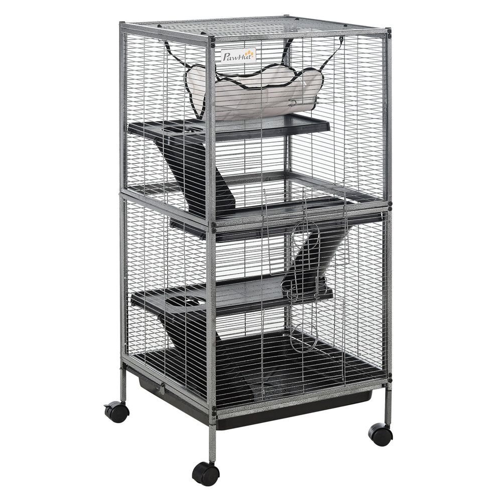 Pawhut gaiola para animais pequenos de 4 níveis 52x52x113,5 cm parque para animais com rodas 2 portas 3 rampas rede suspensa e tabuleiro removível