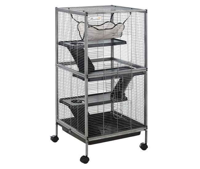 Pawhut gaiola para animais pequenos de 4 níveis 52x52x113,5 cm parque para animais com rodas 2 portas 3 rampas rede suspensa e tabuleiro removível