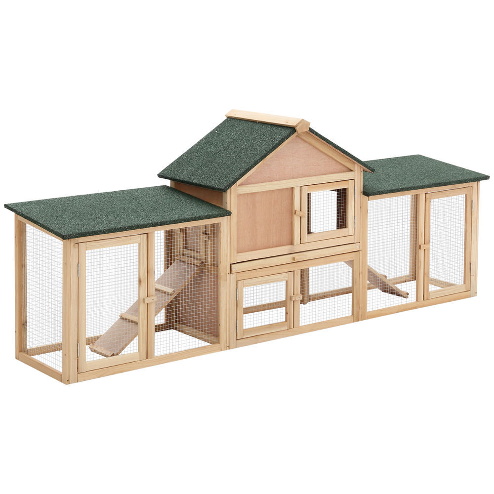 Pawhut coelheira de exterior grande gaiola de madeira para 2-4 coelhos com teto asfáltico recinto de arame bandeja removível e rampas 210x45,5x84,5cm