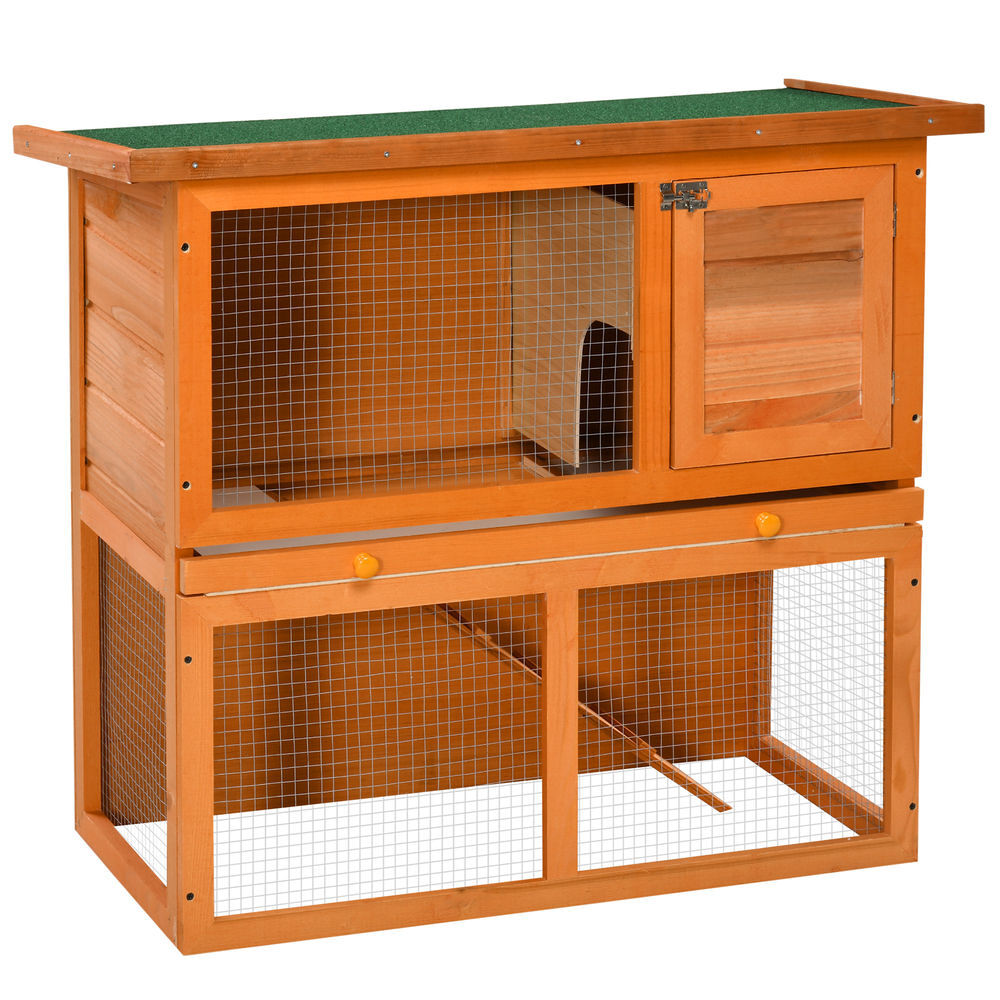 Pawhut coelheira de exterior de madeira para animais pequenos 2 níveis com rampa teto asfáltico e porta com trava 90x45x80 cm madeira e verde