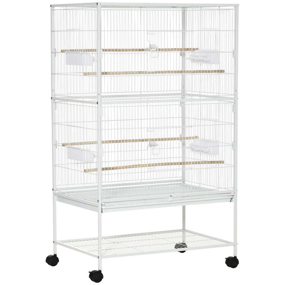 Pawhut gaiola para pássaros com rodas 78x52x132cm gaiola para pássaros metálica com bandeja amovível 4 portas 4 comedouros 4 poleiros e prateleira de