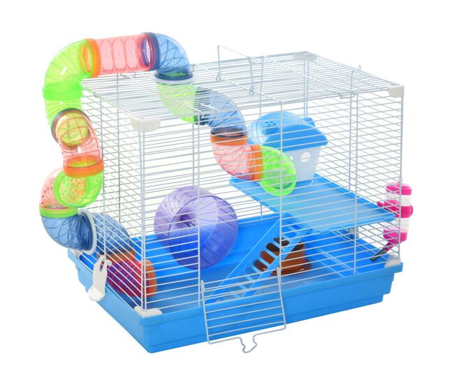 Pawhut gaiola para hamster, casa para hamster com túnel, comedouro, bebedouro, casinha, rampa, roda de exercício, plataforma e alça, bandeja removível