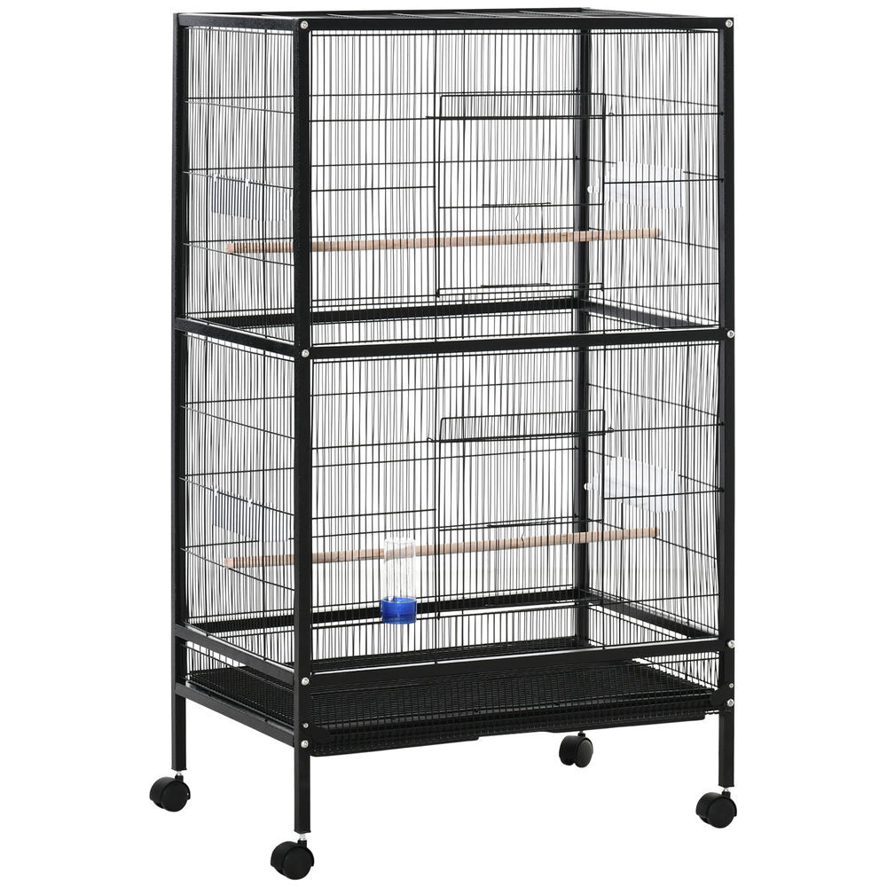 Pawhut gaiola para pássaros com 4 rodas gaiola para pássaros metálica com múltiplas portas 4 comedouros bebedouro 2 poleiros e bandeja para louros