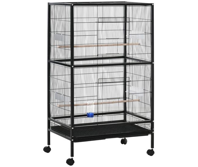 Pawhut gaiola para pássaros com 4 rodas gaiola para pássaros metálica com múltiplas portas 4 comedouros bebedouro 2 poleiros e bandeja para louros