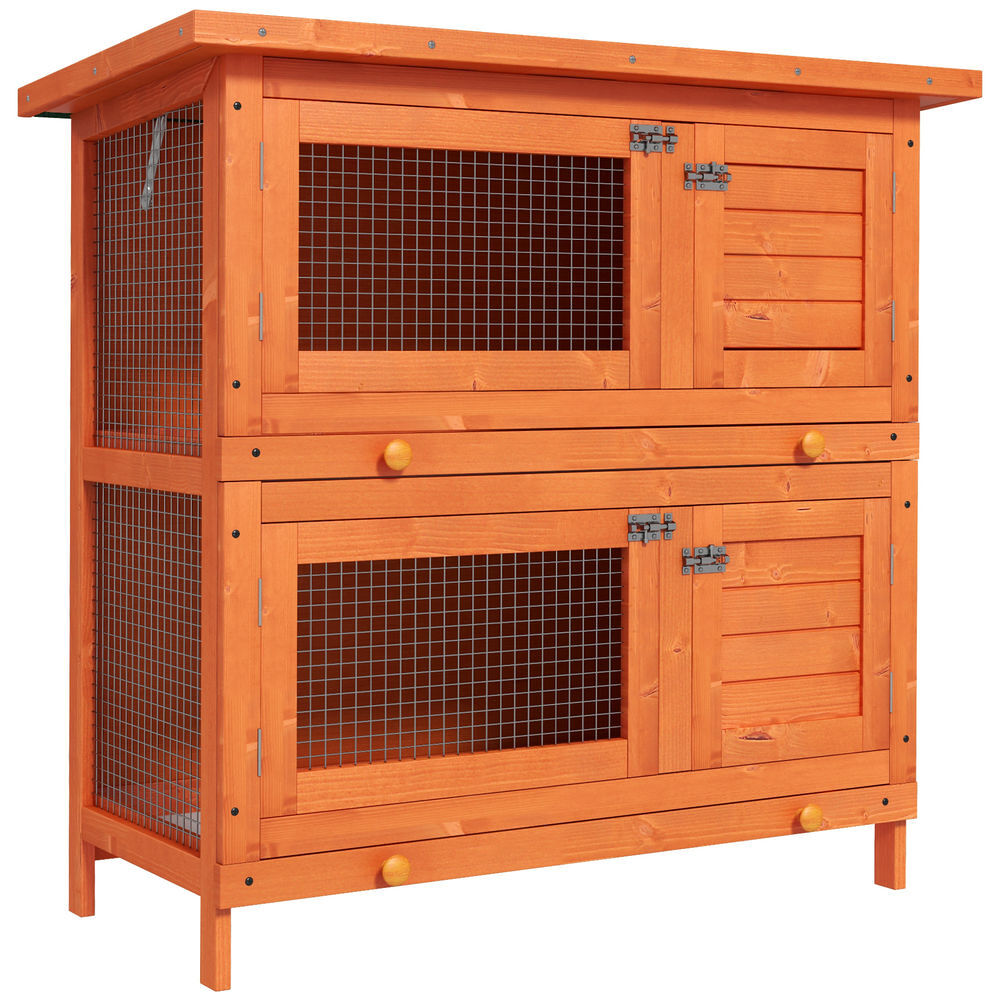 Pawhut coelheira de madeira exterior de 2 níveis gaiola para 1-2 coelhos animais pequenos com teto asfáltico dobrável e 2 bandejas removíveis