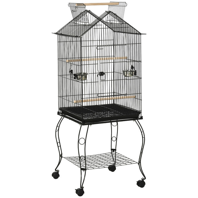 Pawhut gaiola para pássaros com suporte rodas bandeja amovível 2 comedouros e prateleira inferior de metal para canários periquitos tentilhões