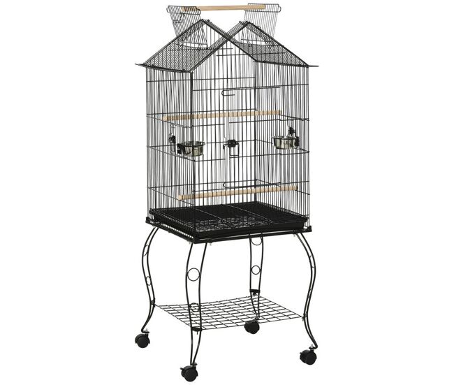 Pawhut gaiola para pássaros com suporte rodas bandeja amovível 2 comedouros e prateleira inferior de metal para canários periquitos tentilhões