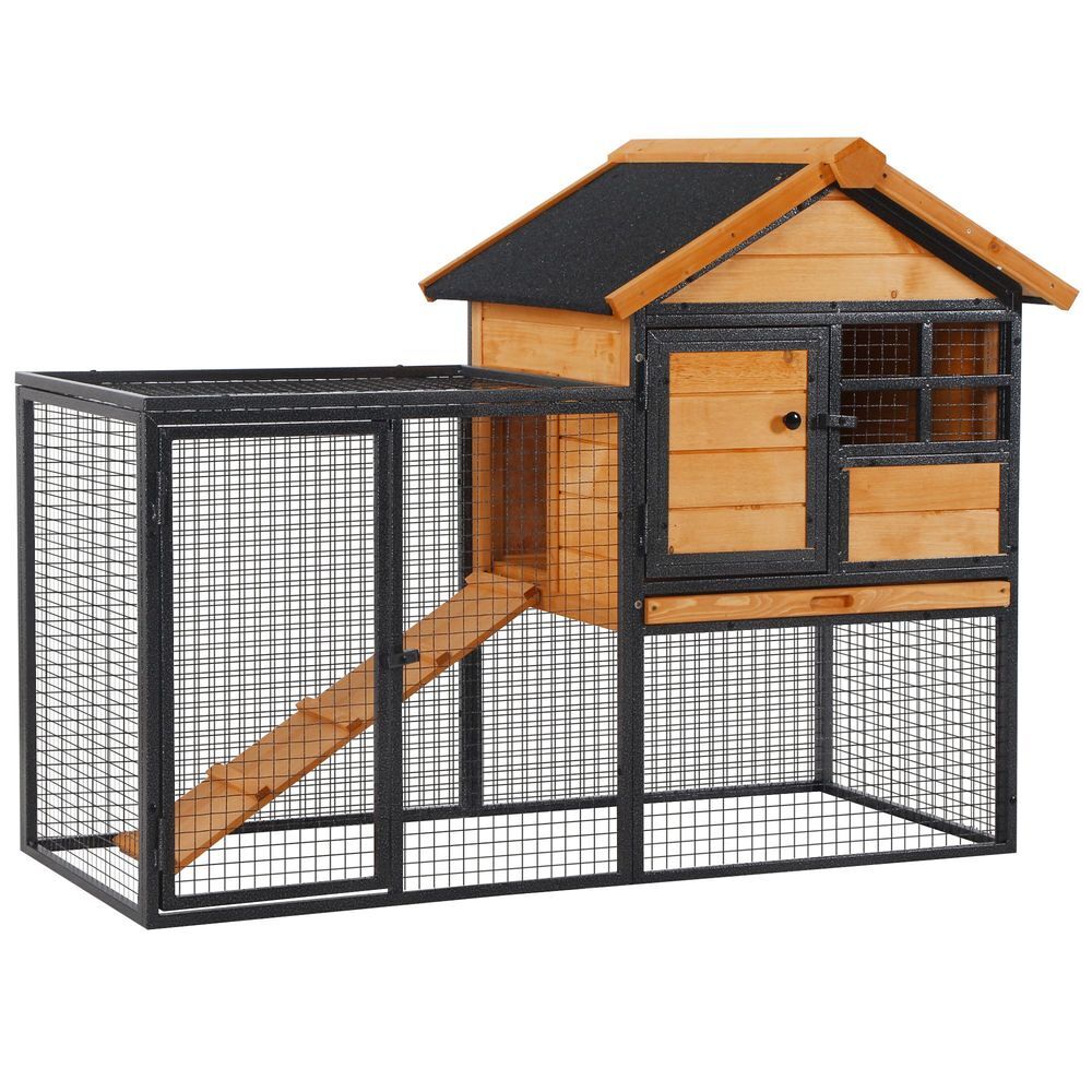 Pawhut coelheira gaiola externa para pequenos animais de estimação 2 níveis com bandeja removível de madeira e rampa de metal 122x63x92 cm para