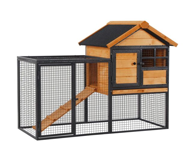 Pawhut coelheira gaiola externa para pequenos animais de estimação 2 níveis com bandeja removível de madeira e rampa de metal 122x63x92 cm para