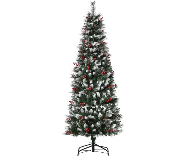 Homcom árvore de natal artificial 180cm ignífugo com 539 ramos 51 bagas folhas de pvc base dobrável e suporte metálico decoração de natal para