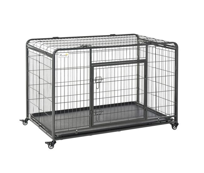 Pawhut gaiola dobrável de metal com rodas e freios bandeja removível e porta com travas125x76x81 cm cinza escuro