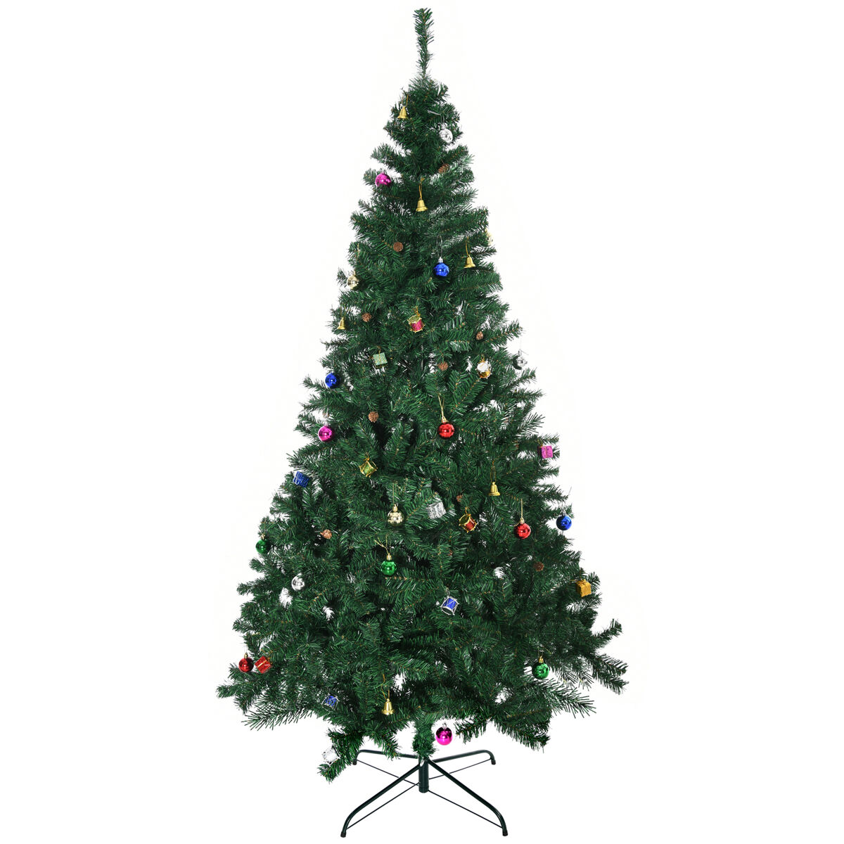 Homcom árvore de natal artificial 210cm ignífugo com 1036 ramos 53 decorações folhas de pvc e suporte metálico decoração de natal para interior verde