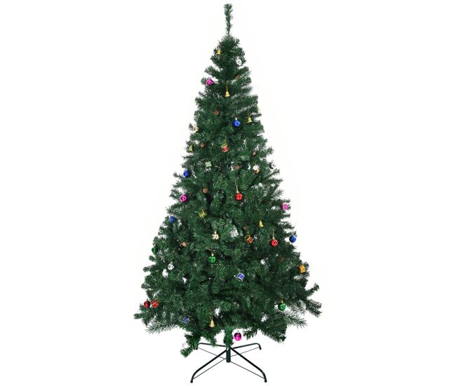 Homcom árvore de natal artificial 210cm ignífugo com 1036 ramos 53 decorações folhas de pvc e suporte metálico decoração de natal para interior verde