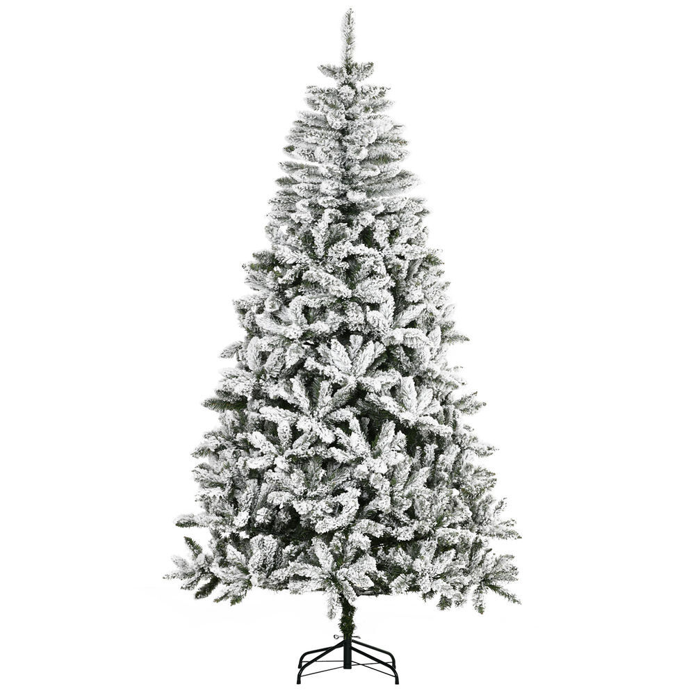 Homcom árvore de natal artificial 225 cm com neve ignífugo com 1300 ramos folhas de pvc base dobrável e suporte metálico decoração de natal para