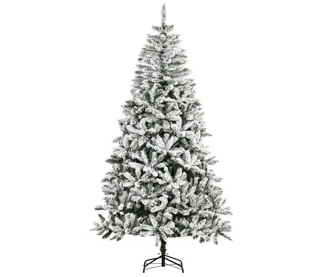Homcom árvore de natal artificial 225 cm com neve ignífugo com 1300 ramos folhas de pvc base dobrável e suporte metálico decoração de natal para