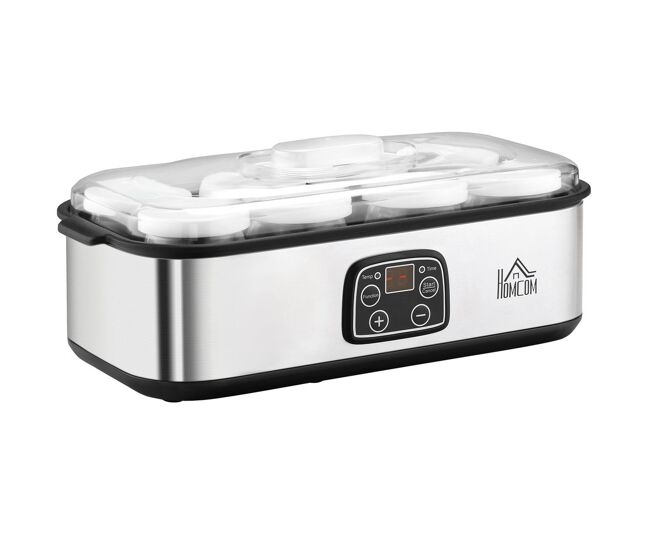 Homcom iogurteira 30w volume 1,44l com 8 frascos de cristal de 180ml termostato ajustável temporizador de 1-48 horas e desligado automático 36x18,8x14cm prata