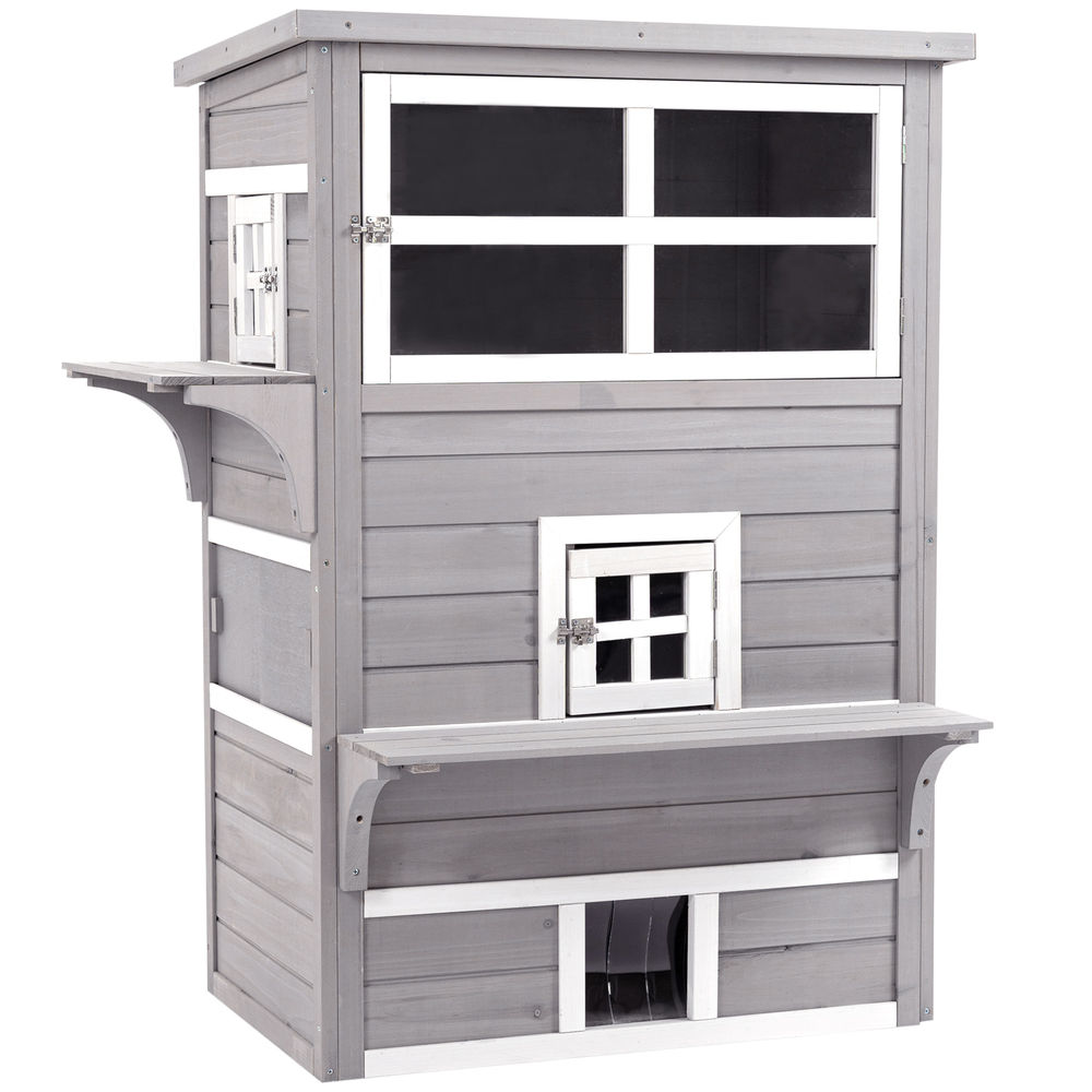 Pawhut casa para gatos de madeira exterior casa grande para gatos de 3 andares com múltiplas entradas janelas e 2 plataformas para terraço balcão