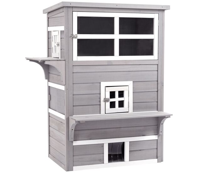 Pawhut casa para gatos de madeira exterior casa grande para gatos de 3 andares com múltiplas entradas janelas e 2 plataformas para terraço balcão