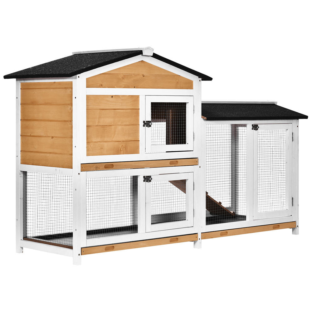 Pawhut coelheira de madeira exterior gaiola para coelhos de 2 níveis com teto asfáltico 2 cercados de metal bandeja removível 3 portas e rampa