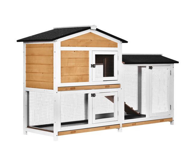 Pawhut coelheira de madeira exterior gaiola para coelhos de 2 níveis com teto asfáltico 2 cercados de metal bandeja removível 3 portas e rampa