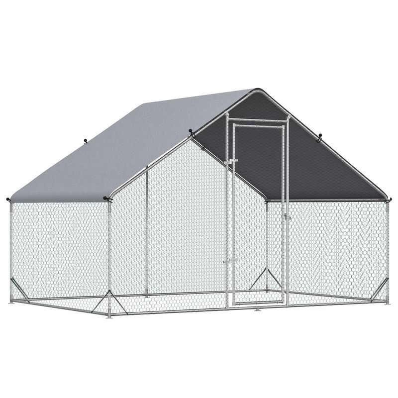 Pawhut galinheiro de exterior grande 3x2x2m gaiola para 4-6 galinhas de aço galvanizado com teto de pe e fechadura para coelhos prata