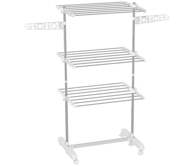 Homcom estendal para roupa dobrável 80x55x152cm com 6 rodas e 3 prateleiras com altura ajustável de aço inoxidável prateado