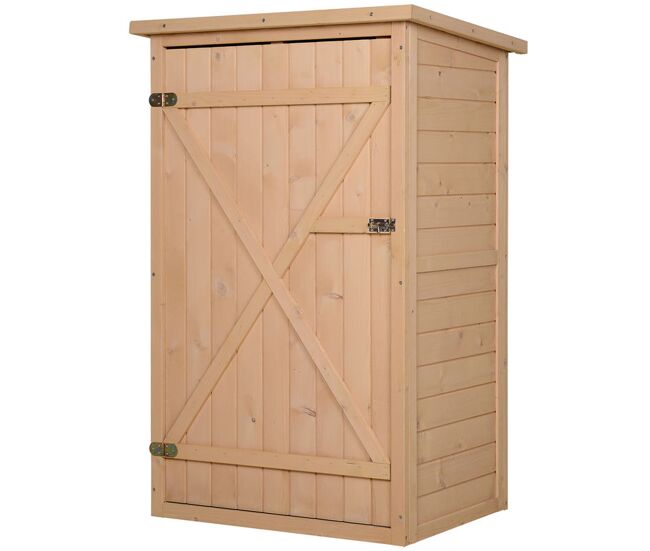 Outsunny armário de jardim de madeira 75x56x115cm armário de jardim para ferramentas com 3 prateleiras interiores porta com trava e teto asfáltico