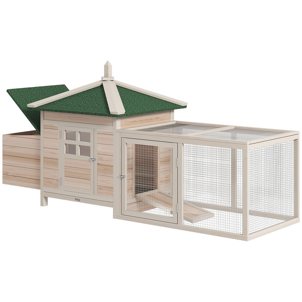 Pawhut galinheiro de madeira de abeto para galinhas exterior com caixa ninho bandeja removível e espaço para correr 196x76x97 cm natural