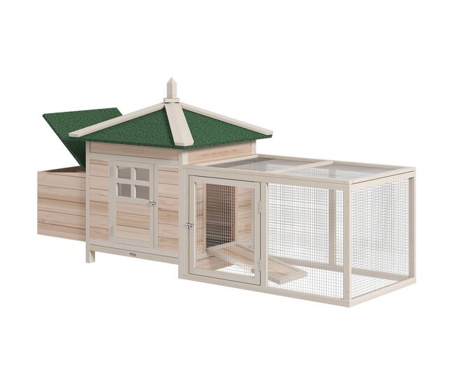 Pawhut galinheiro de madeira de abeto para galinhas exterior com caixa ninho bandeja removível e espaço para correr 196x76x97 cm natural