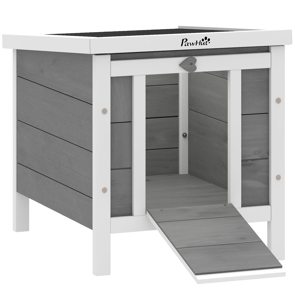 Pawhut coelheira de madeira exterior coelheira para roedores animais de estimação pequenos com teto asfáltico e rampa antiderrapante 42x51x43cm cinza
