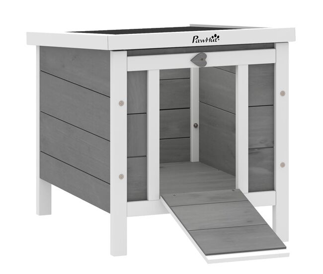 Pawhut coelheira de madeira exterior coelheira para roedores animais de estimação pequenos com teto asfáltico e rampa antiderrapante 42x51x43cm cinza