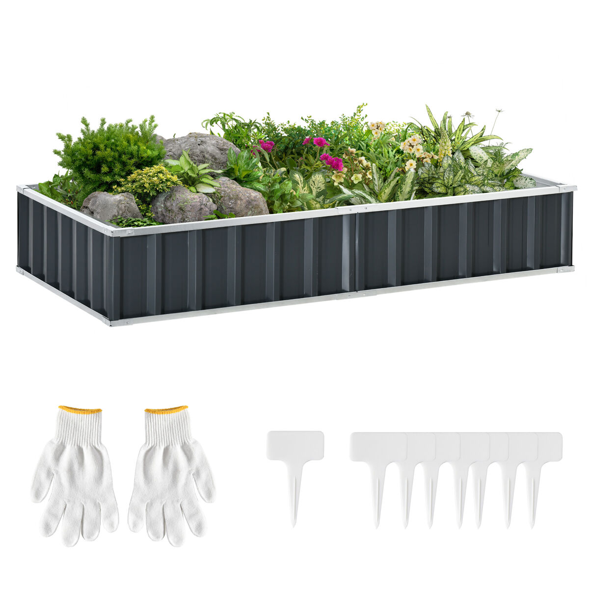 Outsunny caixa de plantio de aço inclui luvas caixa de plantio retangular para cultivos de plantas e flores para terraço balcão exterior 174x90x30 cm