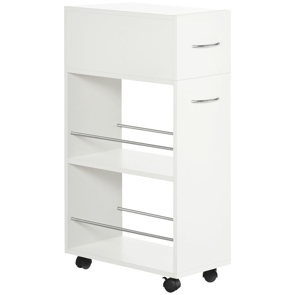 Homcom carrinho de cozinha com 1 gaveta e 2 prateleiras abertas carrinho de cozinha auxiliar cm rodas para sala de jantar casa de banho 25x50x85cm
